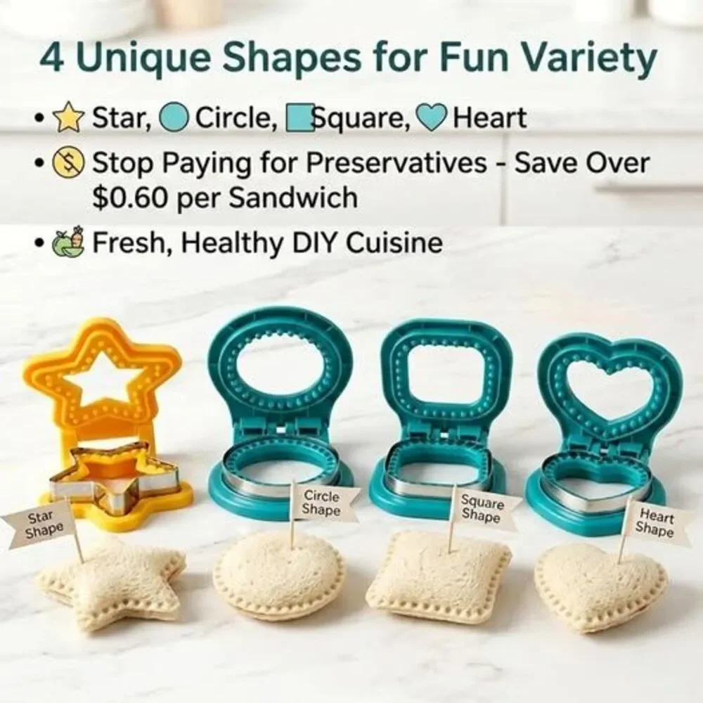4-Pack Sandwich Maker & Sealer Set Crustless Sandwich Molds Circle Heart Star